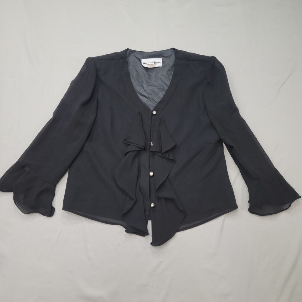 Another Thyme Womens Ruffle Front Blouse Size Large Black Romantic Gothic Witcky